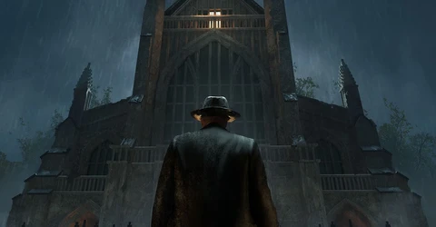 A figure in a dark coat and hat stands with their back to the viewer, facing a large, gothic-style church illuminated by a single light in the upper window. The scene is set in a rainy atmosphere, with droplets visible in the air, and the church is surrounded by a wrought-iron fence, adding to the ominous ambiance. The overall color palette is dark and moody, enhancing the sense of mystery and foreboding.
