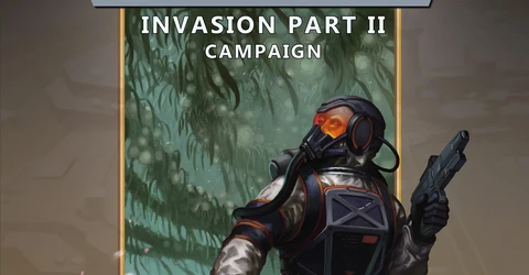 A futuristic cover illustration for "2300AD: Invasion Part II" features a humanoid figure in a high-tech spacesuit, complete with a helmet and orange-tinted visor, standing in a dense, alien environment filled with green foliage. The character is holding a weapon and appears to be surveying the surroundings, suggesting a sense of tension or readiness. The title "2300AD" is prominently displayed at the top, with "INVASION PART II" and "CAMPAIGN" below it, set against a contrasting background that enhances the sci-fi theme.