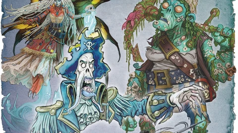 A vibrant illustration features four undead pirate characters. On the left, a faerie pirate with large, dark wings and flowing hair is depicted, wearing a tattered dress. In the center, an undead pirate captain in a blue coat and tricorn hat, with a skeletal face and a long beard, gestures dramatically. To the right, a green-skinned pirate with a patchy outfit and various sea creatures adorning her body holds a weapon, while a crab-like creature with a pirate hat and bulging eyes sits in the foreground, showcasing a treasure-laden shell. The background has a textured, oceanic theme, enhancing the eerie atmosphere.