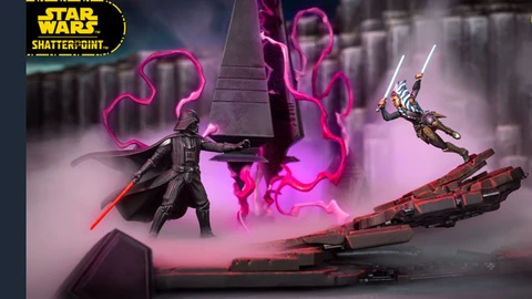 The image features a dynamic scene from the Star Wars: Shatterpoint game, showcasing miniatures of Ahsoka Tano and Darth Vader engaged in a duel. Ahsoka, wielding two lightsabers, is positioned in an action pose, while Darth Vader stands menacingly with his red lightsaber drawn. The backdrop includes a detailed scenic terrain piece resembling a Sith temple, with swirling purple energy and mist adding to the dramatic atmosphere of their confrontation.