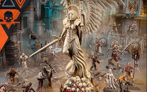 The image features a striking centerpiece statue of a winged figure, wielding a sword and adorned in ornate armor, surrounded by various miniatures representing the new Kill Team expansion. In the foreground, a group of ecclesiarchal militiamen, known as Sanctifiers, can be seen, including a Confessor and a small cherub, while in the background, the ferocious Goremongers, led by a Blood Herald, are positioned menacingly. The setting is richly detailed, with a backdrop of industrial ruins, enhancing the dramatic atmosphere of the scene.