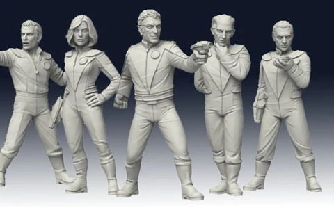Five sci-fi miniatures are displayed, representing Galactic Explorers. Each figure is in a dynamic pose, with two holding futuristic weapons and the others in various stances suggesting action or readiness. The miniatures are detailed, featuring sleek, form-fitting suits and distinct hairstyles, all rendered in a light gray color that highlights their features. The background is a gradient from dark to light, emphasizing the figures.