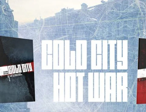 The image features two RPG rulebooks side by side: "Cold City" on the left and "Hot War" on the right. "Cold City" has a dark cover with a blue and black color scheme, while "Hot War" features a red and black design. Both titles are prominently displayed in bold, white lettering against a backdrop that suggests a map or urban landscape, hinting at the themes of conflict and exploration in their respective settings.