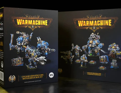 The image features two box sets from Steamforged Games for the Cygnar faction in the Warmachine tabletop game. On the left, the "Cygnar Gravediggers Battlegroup Box Set" showcases a warcaster and two warjacks, with vibrant blue and metallic details on the miniatures. On the right, the "Cygnar Gravediggers Command Starter" includes a more diverse array of models, featuring a heavy warjack, a three-model unit, and a character solo, all set against a dark background that highlights the colorful packaging and intricate designs.