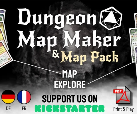 The image features promotional artwork for the "Dungeon Map Maker & Map Pack" Kickstarter by Doopy Games. The title is prominently displayed in a bold, stylized font, with a geometric symbol above it. Surrounding the title are various game elements, including cards showcasing character stats and abilities, and icons indicating language availability (English, Spanish, German, and French). The bottom of the image includes a call to action to support the project on Kickstarter, along with logos for PDF and print options. The background has a dark, atmospheric design that evokes a fantasy theme.