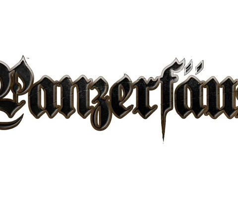 The logo for "Panzerfäuste" features the game's name in an ornate, gothic-style font. The letters are predominantly black with a slight metallic sheen, giving it a bold and striking appearance. The design includes sharp edges and flourishes, particularly on the letters "ä" and "f," which add a sense of fantasy and drama to the overall look. The logo is set against a plain white background, enhancing its visibility and impact.