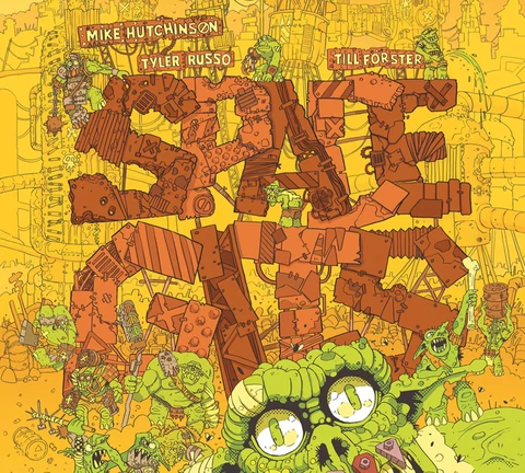 A vibrant illustration features a chaotic scene filled with cartoonish space orcs, each displaying exaggerated features and expressions, set against a bright yellow background. The title "SPACE GITS" is prominently displayed in bold, blocky letters, surrounded by various orc characters engaging in raucous activities amidst a backdrop of debris and makeshift structures. The overall tone is playful and energetic, capturing the essence of a fun, chaotic skirmish game.