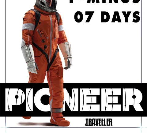 An astronaut in an orange space suit walks confidently, showcasing a sleek helmet and metallic arm attachments. The background features bold text stating "P-MINUS 07 DAYS" above the word "PIONEER," which is prominently displayed in a stylized font. The overall design conveys a sense of urgency and excitement for the upcoming space exploration RPG.