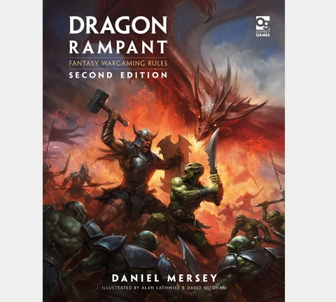 A dynamic cover illustration for "Dragon Rampant: Second Edition" features a fierce battle scene with a muscular warrior wielding a hammer, facing off against a group of green-skinned orcs. In the background, a large, menacing dragon looms, adding to the intensity of the scene. The title and subtitle are prominently displayed at the top, with the names of the author and illustrators at the bottom.