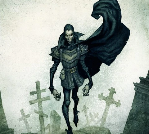A tall, skeletal figure stands menacingly in a graveyard, wearing dark, tattered clothing and a hooded cloak. The character has a gaunt face with exaggerated features, including sharp cheekbones and a wide, sinister grin. In the background, weathered gravestones are partially obscured by mist, enhancing the eerie atmosphere of the scene.