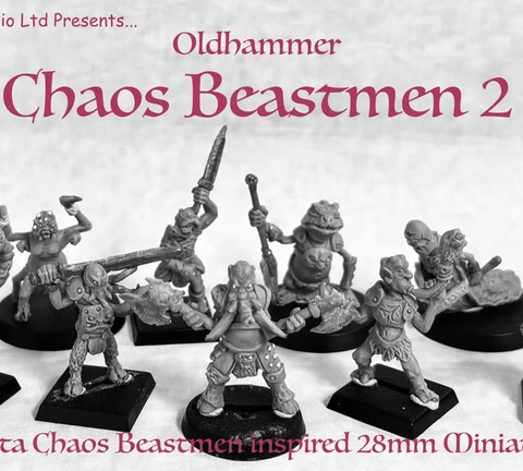 A collection of ten hand-sculpted beastmen miniatures is displayed, showcasing a variety of bizarre mutations, including hooves, tentacles, and horns. Each figure is cast in white metal and features unique weapons and minimal armor, emphasizing their grotesque designs. The text "Oldhammer Chaos Beastmen 2" is prominently featured, along with a subtitle indicating they are inspired by 28mm miniatures.