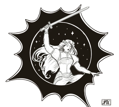 A dynamic black and white illustration features a heroic female figure wielding a sword, poised in an action stance. She has long flowing hair and is adorned in a detailed outfit, with intricate designs visible on her sleeves and waist. The background includes a circular motif filled with stars, surrounded by a jagged, starburst-like outline, enhancing the sense of movement and energy in the scene.