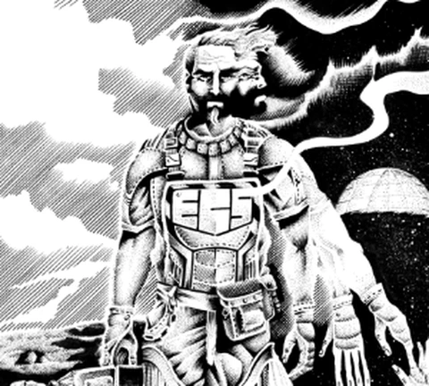 A rugged space explorer stands prominently in the foreground, wearing a detailed, futuristic suit adorned with various gadgets and tools. His expression is serious, and he holds a device in one hand, while the other reaches toward a ghostly, skeletal hand emerging from the ground. The background features a stark contrast of dark and light, with swirling clouds and a distant planet, creating an eerie atmosphere that complements the themes of horror and existential dread.