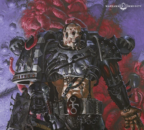 A heavily armored figure representing the Emperor's Children stands prominently, showcasing intricate details such as spikes, chains, and a skull-like face. The armor is predominantly black with metallic accents, and the character holds a weapon adorned with various symbols. The background features a surreal, purple and red organic texture, enhancing the chaotic and hedonistic theme of the design.
