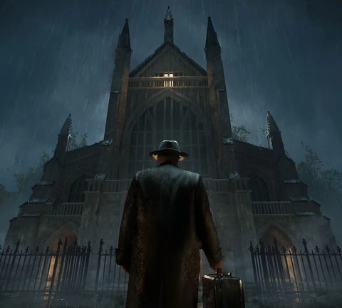 A figure in a dark coat and hat stands with their back to the viewer, facing a large, gothic-style church illuminated by a single light in the upper window. The scene is set in a rainy atmosphere, with droplets visible in the air, and the church is surrounded by a wrought-iron fence, adding to the ominous ambiance. The overall color palette is dark and moody, enhancing the sense of mystery and foreboding.
