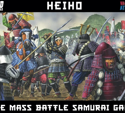 A dynamic illustration showcases a chaotic battle scene from Sengoku-era Japan, featuring armored samurai and ashigaru warriors engaged in combat. Prominent figures include a horse-mounted samurai wielding a spear, flanked by foot soldiers in traditional armor, all set against a backdrop of waving banners and a hilly landscape. The title "HEIHO" is displayed at the top, with "MASS BATTLE SAMURAI GAME" prominently featured at the bottom.