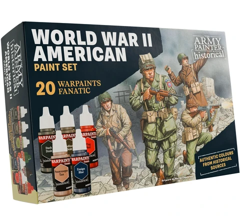 A paint set titled "World War II American Paint Set" features a box design showcasing three American soldiers in historical uniforms, set against a backdrop of crumbling walls. The box includes five paint bottles prominently labeled "WARPAINTS FANATIC," with colors such as "Dark Drab," "Medium Drab," "Paratrooper Tan," "Tang Red," and "Ensign Blue." The text emphasizes "20 WARPAINTS FANATIC" and "AUTHENTIC COLOURS FROM HISTORICAL SOURCES," highlighting the set's focus on historical accuracy.
