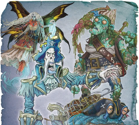 A vibrant illustration features four undead pirate characters. On the left, a faerie pirate with large, dark wings and flowing hair is depicted, wearing a tattered dress. In the center, an undead pirate captain in a blue coat and tricorn hat, with a skeletal face and a long beard, gestures dramatically. To the right, a green-skinned pirate with a patchy outfit and various sea creatures adorning her body holds a weapon, while a crab-like creature with a pirate hat and bulging eyes sits in the foreground, showcasing a treasure-laden shell. The background has a textured, oceanic theme, enhancing the eerie atmosphere.