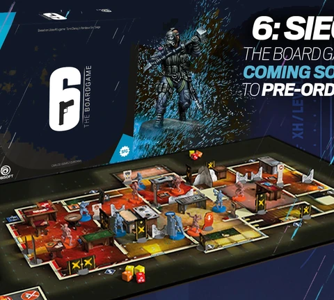 The image features the box art for the board game "6: Siege," based on Tom Clancy's Rainbow Six video game. The box displays a prominent white number "6" alongside a stylized gun graphic, with a character in tactical gear depicted in action on the right side. Below, a detailed game board is shown, featuring various colored miniatures representing players and obstacles, set against a vibrant, multi-colored background that suggests a tactical environment. The board includes marked areas and dice, emphasizing the strategic gameplay elements.