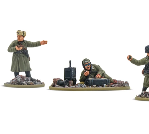 Three 28mm scale miniatures are displayed, featuring a Soviet commander in a long coat gesturing, a soldier crouched beside a radio, and another soldier lying on the ground, focused on a device. The miniatures are set on bases with rocky terrain, showcasing detailed sculpting and paintwork. Each figure represents different roles within a military context, emphasizing their unique poses and equipment.