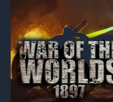 The image features a dramatic scene from "War of the Worlds 1897," showcasing a Martian tripod with a glowing blue beam aimed at a human figure in a desolate landscape. The background is filled with fiery hues, suggesting chaos and destruction. The title "WAR OF THE WORLDS 1897" is prominently displayed at the bottom in a bold, textured font, enhancing the game's thematic intensity. The overall atmosphere conveys a sense of peril and urgency, reflecting the narrative-driven survival RPG concept.