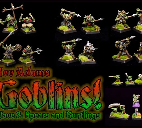 The image showcases a collection of dynamic goblin miniatures sculpted by Kev Adams, arranged on a dark background. There are 17 goblins prominently displayed, including a leader and a command group, all equipped with various weapons like spears and axes, along with 12 spearmen. Additionally, several runtlings are featured at the bottom, each with unique poses and expressions, highlighting their character and charm. The text "Kev Adams Goblins! Wave 2: Spears and Runtlings" is artistically integrated into the design, emphasizing the theme of the Kickstarter campaign.