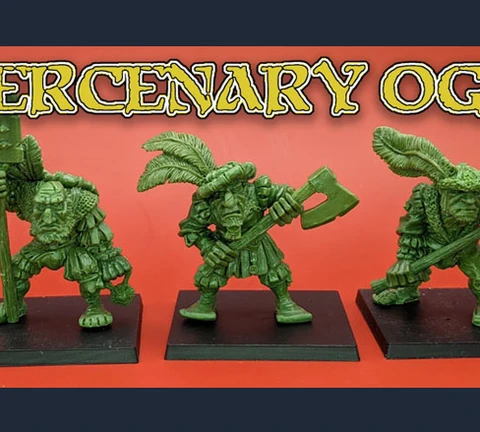 Three green ogre miniatures stand on black bases against a vibrant orange background. Each ogre has a distinct pose: the leftmost holds a staff, the center ogre wields an axe, and the rightmost brandishes a spear. They are adorned with details reminiscent of classic oldhammer styles, featuring exaggerated facial features and playful, dynamic designs. The text "MERCENARY OGRES" is prominently displayed above them in a bold, stylized font.