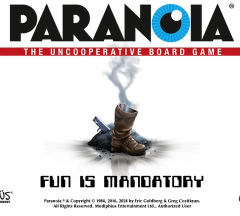 The image features the title "PARANOIA: THE UNCOOPERATIVE BOARD GAME" prominently displayed at the top, with a bold, stylized font. Below the title, a single brown boot is shown stepping into a cloud of smoke, suggesting a sense of mystery and tension. The tagline "FUN IS MANDATORY" is positioned beneath the boot, emphasizing the game's theme of enforced enjoyment. The background is mostly white, allowing the central elements to stand out, while the logo of Modiphius Entertainment is located in the bottom left corner.