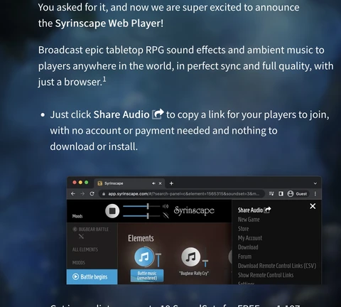 An example of the Syrinscape webplayer website page