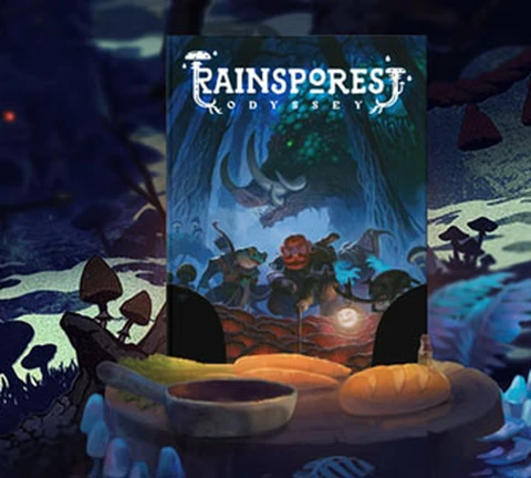 A vibrant, illustrated cover for the game "Rainspores: Odyssey" is prominently displayed in the center, featuring whimsical characters and a lush, fantastical forest backdrop. The scene is filled with oversized mushrooms and a dark, shadowy figure in the background, adding an element of mystery. The color palette includes deep blues and greens, creating an enchanting atmosphere that invites exploration.