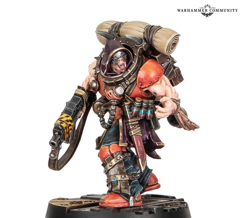 A muscular character from Necromunda stands confidently, wielding a large weapon in one hand. He wears a mix of dark and vibrant armor, featuring orange and black accents, and has a large backpack with rolled-up materials. His fierce expression and detailed gear, including various pouches and a utility belt, emphasize his menacing presence.
