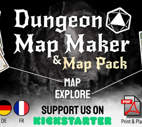 The image features promotional artwork for the "Dungeon Map Maker & Map Pack" Kickstarter by Doopy Games. The title is prominently displayed in a bold, stylized font, with a geometric symbol above it. Surrounding the title are various game elements, including cards showcasing character stats and abilities, and icons indicating language availability (English, Spanish, German, and French). The bottom of the image includes a call to action to support the project on Kickstarter, along with logos for PDF and print options. The background has a dark, atmospheric design that evokes a fantasy theme.