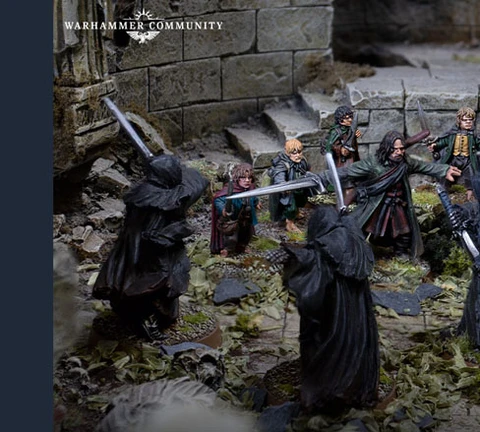 A dynamic scene depicts a confrontation between a group of cloaked figures, resembling Ringwraiths, and a diverse band of heroes from The Lord of the Rings. The heroes, including characters like Aragorn and Frodo, are positioned in a ruined stone setting, surrounded by overgrown foliage and debris. The Ringwraiths, dressed in dark, tattered cloaks, wield swords, creating a tense atmosphere as they face off against the protagonists. The intricate details of the miniatures highlight their distinct features and expressions, enhancing the narrative of this iconic moment.