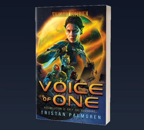 The image features the cover of the novel "Voice of One" by Tristan Palmgren, set in the Twilight Imperium universe. The cover art showcases a dynamic scene with a central female character, likely SIL3NT, depicted in a futuristic outfit, wielding a weapon and looking determined. Surrounding her are other figures, hinting at a diverse cast, with vibrant colors and dramatic lighting that emphasize the sci-fi theme. The title "VOICE of ONE" is prominently displayed in bold, stylized lettering, with a tagline below it.
