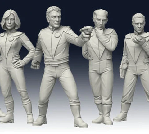 Five sci-fi miniatures are displayed, representing Galactic Explorers. Each figure is in a dynamic pose, with two holding futuristic weapons and the others in various stances suggesting action or readiness. The miniatures are detailed, featuring sleek, form-fitting suits and distinct hairstyles, all rendered in a light gray color that highlights their features. The background is a gradient from dark to light, emphasizing the figures.
