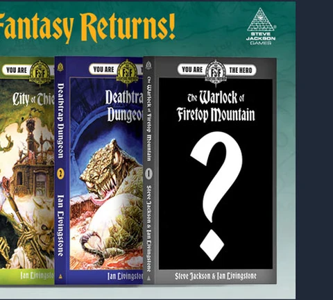 The image features five classic Fighting Fantasy adventure books lined up in a row, each with distinct cover art. From left to right, the titles are: "The Forest of Doom," "The Citadel of Chaos," "City of Thieves," "Deathtrap Dungeon," and "The Warlock of Firetop Mountain," which is marked with a question mark, indicating its cover is yet to be revealed. The covers showcase vibrant illustrations, with themes of fantasy and adventure, and the text prominently displays the titles and authors, Steve Jackson and Ian Livingstone. The background is a dark color, enhancing the visibility of the book covers and the bold title "Fighting Fantasy Returns!" at the top.