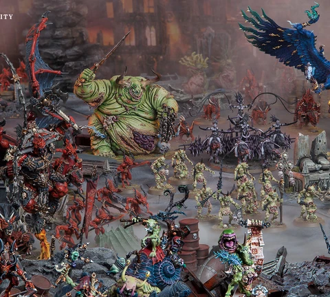A dynamic scene showcases a variety of Warhammer miniatures representing the forces of Chaos. Prominently featured is a large, green-skinned figure, the Lord of Poxes, wielding a weapon and surrounded by smaller, grotesque Nurgle-themed models. In the foreground, red-armored Khorne warriors and other chaotic entities are depicted, set against a backdrop of ruined structures and a smoky atmosphere, emphasizing the dark and chaotic nature of the 41st millennium.