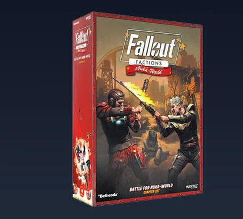 The image features the starter set box for Modiphius' Fallout: Factions skirmish game. The box is predominantly red with the game's title prominently displayed at the top, along with the subtitle "Battle for Nuka-World." The artwork depicts two characters engaged in combat: one wielding a melee weapon and the other aiming a firearm, set against a post-apocalyptic backdrop. The overall design conveys a sense of action and adventure, fitting the game's theme.
