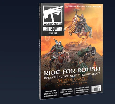 The cover of White Dwarf issue 510 features two mounted warriors from the Lord of the Rings universe, prominently showcasing a Rohirrim rider in vibrant armor and a flowing cape, alongside another figure in a more regal pose. The title "RIDE FOR ROHAN" is boldly displayed at the top, with additional text indicating the issue's focus on the Middle-earth Strategy Battle Game. The background depicts a dramatic landscape, enhancing the epic theme of the magazine. The overall color scheme combines earthy tones with striking highlights, creating an engaging visual for fans of the tabletop gaming hobby.