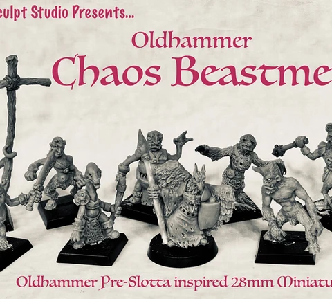 A collection of ten hand-sculpted, 28mm scale Chaos Beastmen miniatures is displayed prominently, showcasing a variety of dynamic and expressive designs. Each figure features unique characteristics, such as exaggerated limbs and distinct facial expressions, reflecting an Oldhammer aesthetic. The background includes stylized text announcing "Oldhammer Chaos Beastmen" and "Oldhammer Pre-Slotta inspired 28mm Miniatures," emphasizing the campaign's theme.
