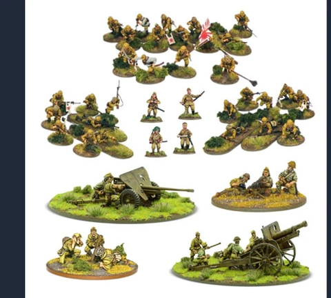 The image showcases a collection of Imperial Japanese miniatures from Warlord Games' new 'Revere the Emperor' bundle. It features 30 multi-pose plastic infantry figures, positioned in various stances, along with a 47mm light anti-tank gun and a Type 91 105mm medium howitzer, each displayed on grassy bases. Additionally, there are teams for a medium machine gun and a heavy mortar, all set against a white background, highlighting the detailed sculpting and painting of the miniatures.