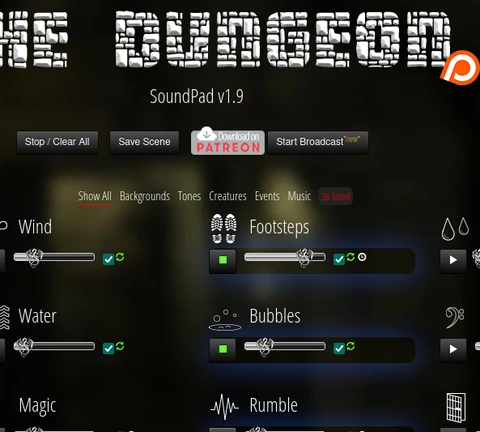 A page from the site showing all the different soundscape elements for dungeons