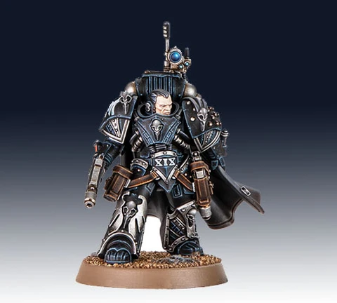 Kaedes Nex, the Moritat-Prime of the Raven Guard, stands prominently in the image, showcasing intricate details in his armor. He is clad in dark, metallic blue and silver, with a flowing black cape and various pouches and weapons attached to his belt. His helmet features a distinctive design, and he holds a weapon in one hand, while a small device is mounted on his shoulder, emphasizing his role in covert operations. The base is textured with a sandy finish, enhancing the overall presentation of this formidable character.