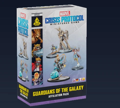A box for the "Guardians of the Galaxy Affiliation Pack" for Marvel: Crisis Protocol features dynamic illustrations of the miniatures included, such as Star-Lord, Rocket, Groot, and Cosmic Ghost Rider. The packaging prominently displays the title "GUARDIANS OF THE GALAXY" at the bottom, with the Asmodee logo and game branding visible. The background is dark, enhancing the vibrant colors of the figures and the overall design.