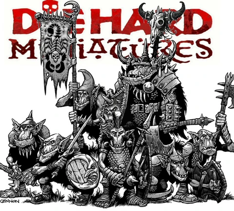 A group of fantasy orcs stands prominently in the foreground, each character displaying unique features and weaponry, including axes, shields, and a banner. The orcs are depicted in a stylized, black-and-white illustration, showcasing a variety of armor and expressions that convey their mischievous nature. Above them, the logo "DIE HARD Miniatures" is displayed in bold red letters, adding emphasis to the scene.