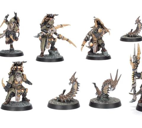 A collection of six intricately designed miniatures representing the Sha’dar Hunters from Necromunda, accompanied by their Arthromite spinewyrms. The hunters are clad in rugged, post-apocalyptic armor, featuring various weapons and gear, while the spinewyrms exhibit a segmented, menacing appearance. The bases of the miniatures are textured to resemble the harsh terrain of the Ash Wastes, enhancing the overall theme of survival in a desolate environment.