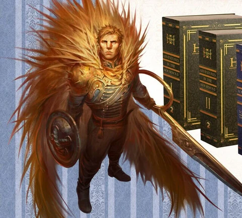 A heroic character stands prominently in the foreground, adorned in ornate armor with a striking feathered cape, holding a large sword and a shield. Behind him, several beautifully designed books are displayed, including titles like "Adventures in the Household" and "Volume II," each featuring distinct colors and elegant lettering. The background features a subtle striped pattern, enhancing the overall whimsical and adventurous theme of the scene.