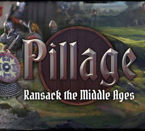 A stylized logo for the game "Pillage" features bold, metallic lettering with a wooden shield backdrop, emphasizing the theme of ransacking during the Middle Ages. In the background, Viking warriors are depicted, equipped with shields and weapons, set against a scenic landscape that includes rolling hills and distant fortifications. The subtitle "Ransack the Middle Ages" is displayed prominently beneath the main title, highlighting the game's focus on narrative-driven skirmishes.