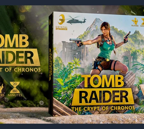 The image features the box art for the board game "Tomb Raider: The Crypt of Chronos." Prominently displayed is a dynamic depiction of Lara Croft, dressed in a teal tank top and cargo shorts, holding a gun in each hand, set against a lush, green jungle backdrop with ancient ruins. The title of the game is boldly presented in yellow text at the bottom, alongside details indicating it is designed for 1 to 4 players and has a playtime of approximately 180 minutes. The overall design conveys a sense of adventure and exploration, fitting for the Tomb Raider theme.