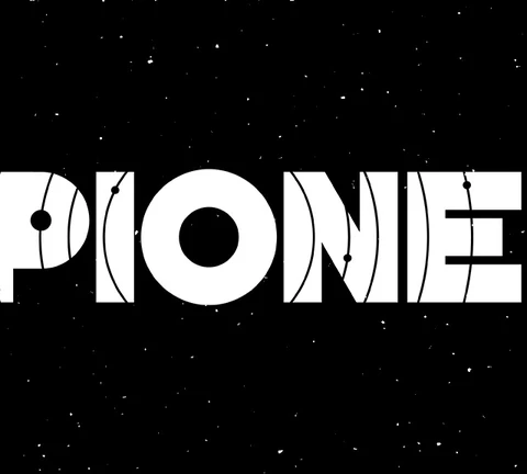 The word "PIONEER" is prominently displayed in bold, stylized letters against a black background speckled with white stars, evoking a sense of space and exploration. The letters incorporate circular and curved elements, suggesting planetary orbits, enhancing the theme of space travel. The overall design conveys a futuristic and adventurous tone, fitting for a space exploration tabletop RPG.